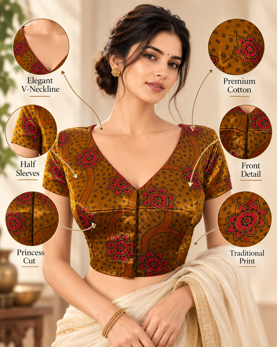 Gajji Silk V neck Blouse, with Short Sleeves & Lining,  Mustard, BS1166