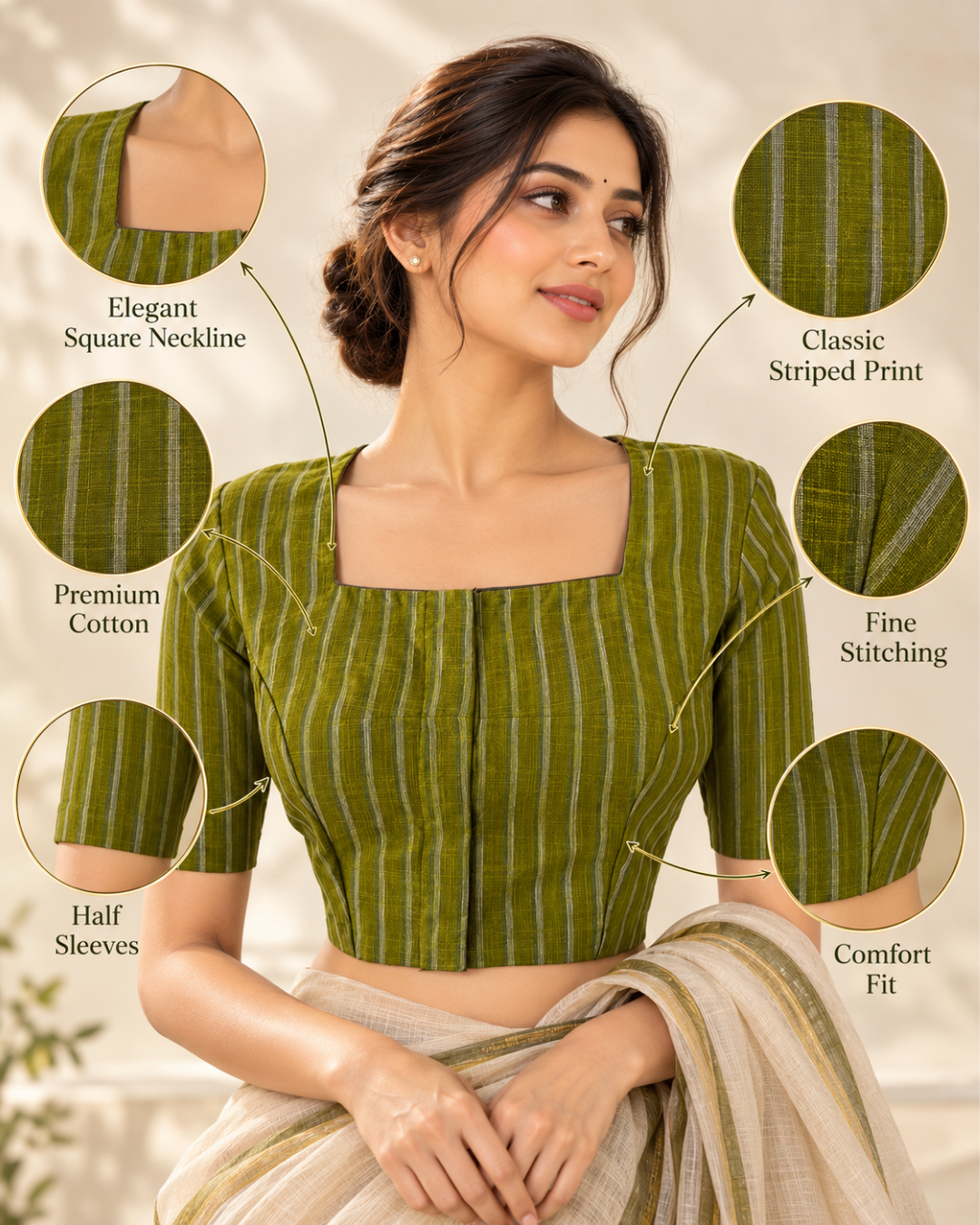 Woven Slub  Cotton Striped Square neck Blouse with Lining,  Olive Green,  BH1225