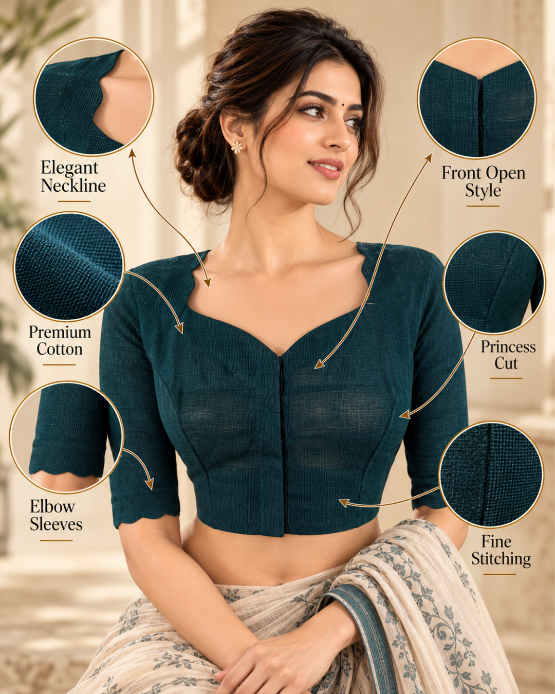 Handloom South Cotton Scallop neck Blouse with 3/4 sleeves , Teal Green, BH1297