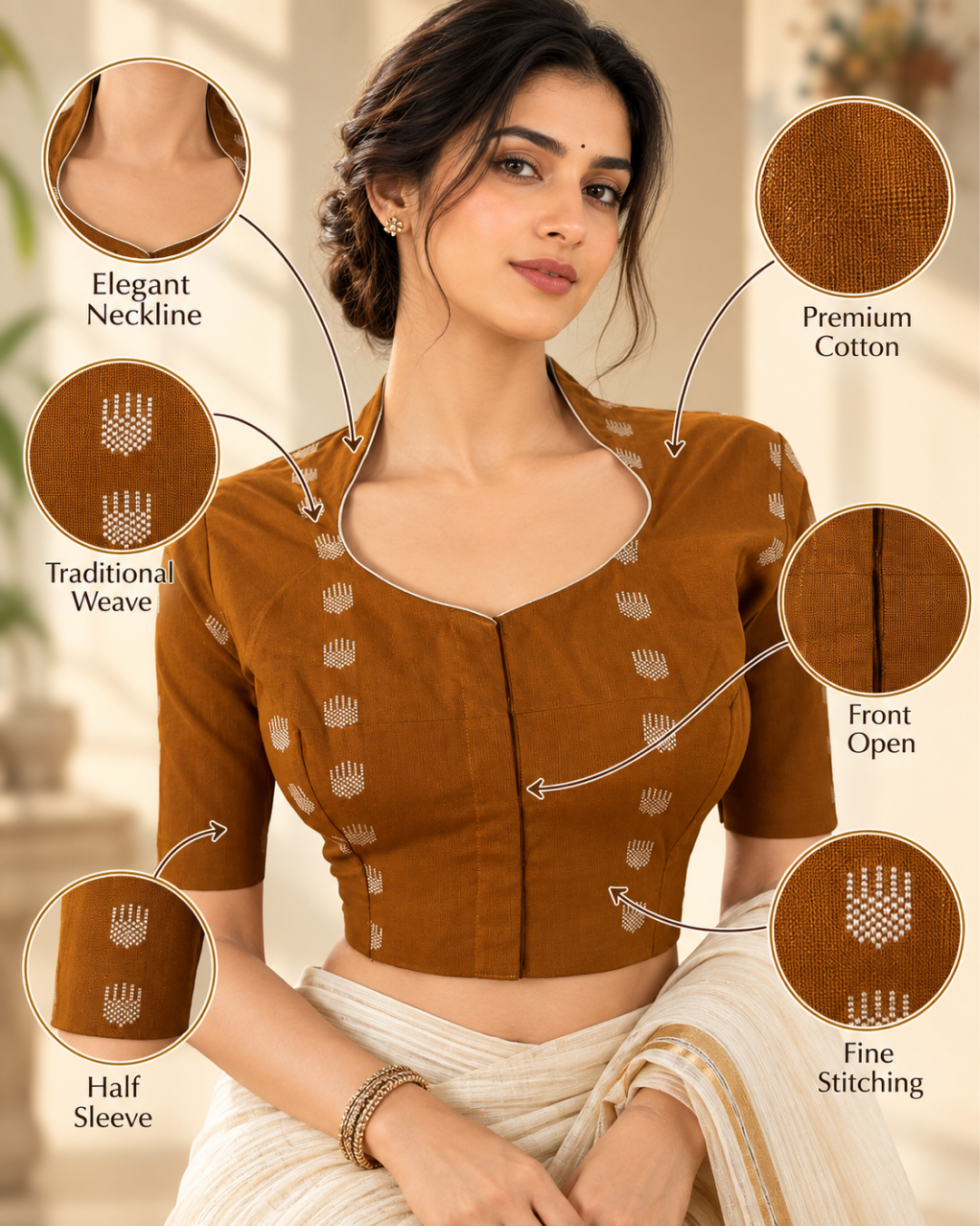 Jacquard Cotton High neck Blouse with lining , Mustard , BH1288