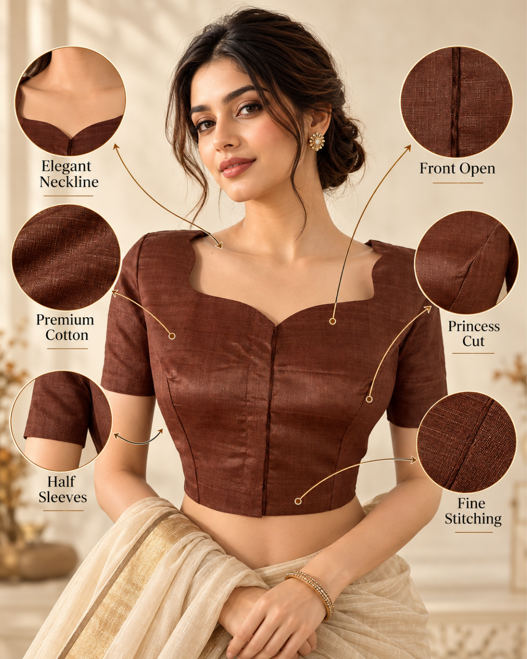 Pure Tusar Silk Scallop Neck Blouse with Embroidery Patches and Lining, Chocolate color , BL1003