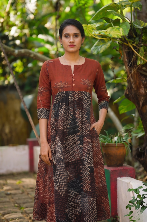 Ajrakh  Cotton , Pleated Kurta with Pocket ,Maroon-Black  KA1043
