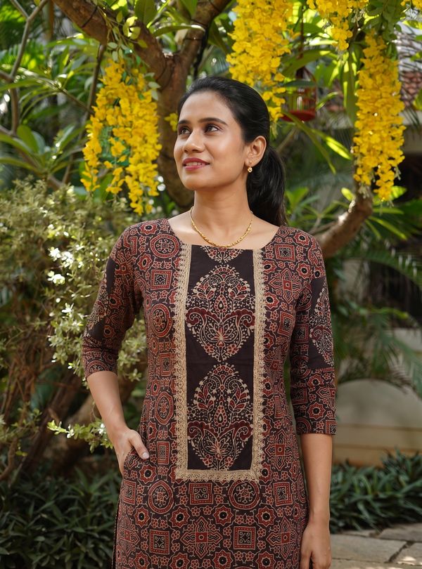 Ajrakh Cotton  Straight Cut  Kurta with Shirt Collar & Lace Details , Pocket , Brown, KA1063