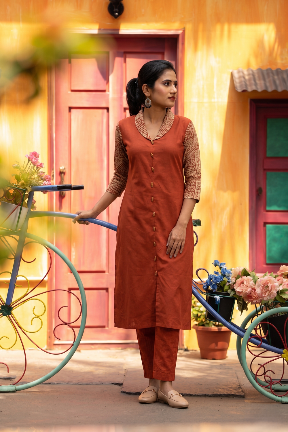 Cotton kurta with kalamkari collar and sleeves, wooden button details with Pocket  , Rust , KH1087