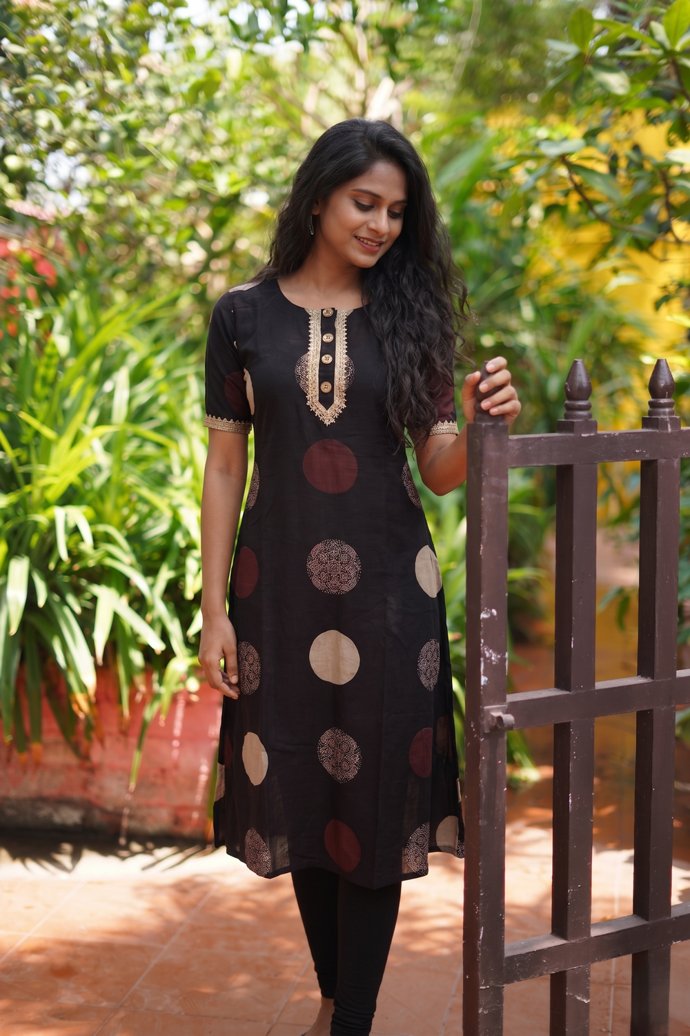 Ajrakh Cotton A Line Round Neck Kurta  with Half Sleeves, Lace and Button Details with Pocket  , Black ,KA1046