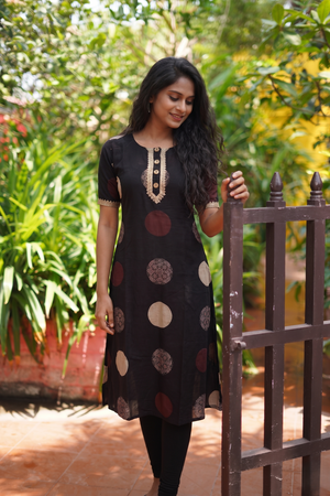 Ajrakh Cotton A Line Round Neck Kurta  with Half Sleeves, Lace and Button Details with Pocket  , Black ,KA1046