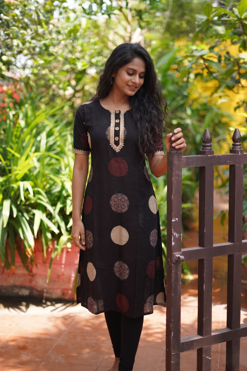 Ajrakh Cotton A Line Round Neck Kurta  with Half Sleeves, Lace and Button Details with Pocket  , Black ,KA1046
