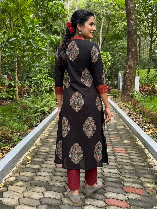 Ajrakh Cotton V collar A Line kurta with 3/4 Sleeves and Pocket ,Black ,KA1044
