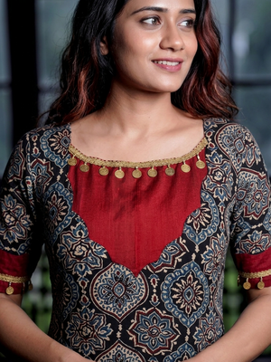 Modal silk Ajrakh kurta, V neck with raw silk patches, half sleeve, A Line, coin lace details, Black,  KS1008