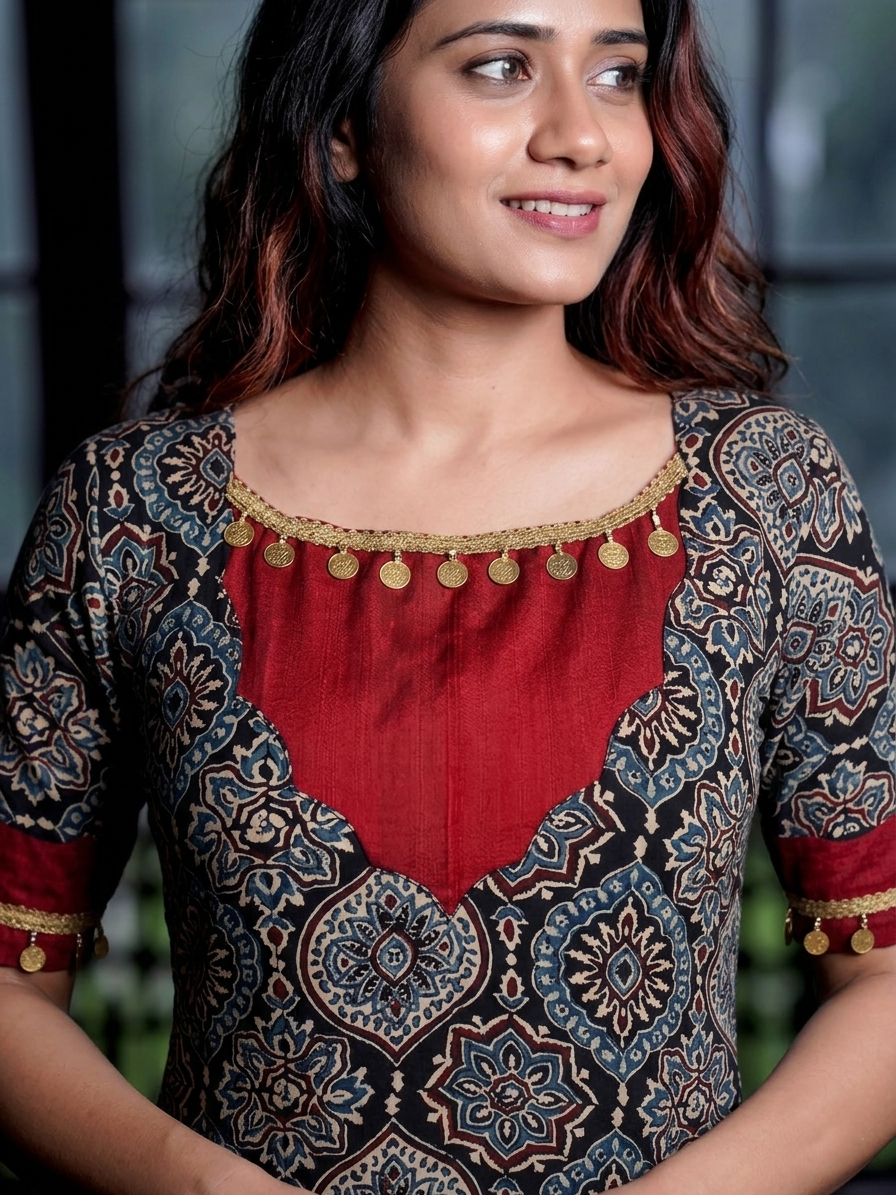 Modal silk Ajrakh kurta, V neck with raw silk patches, half sleeve, A Line, coin lace details, Black,  KS1008