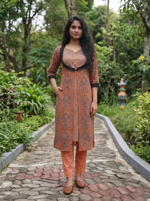 Ajrakh Cotton Y Neck Layered A Line Kurta with Lace and Mirror Details with Pocket, Peach, KA1048