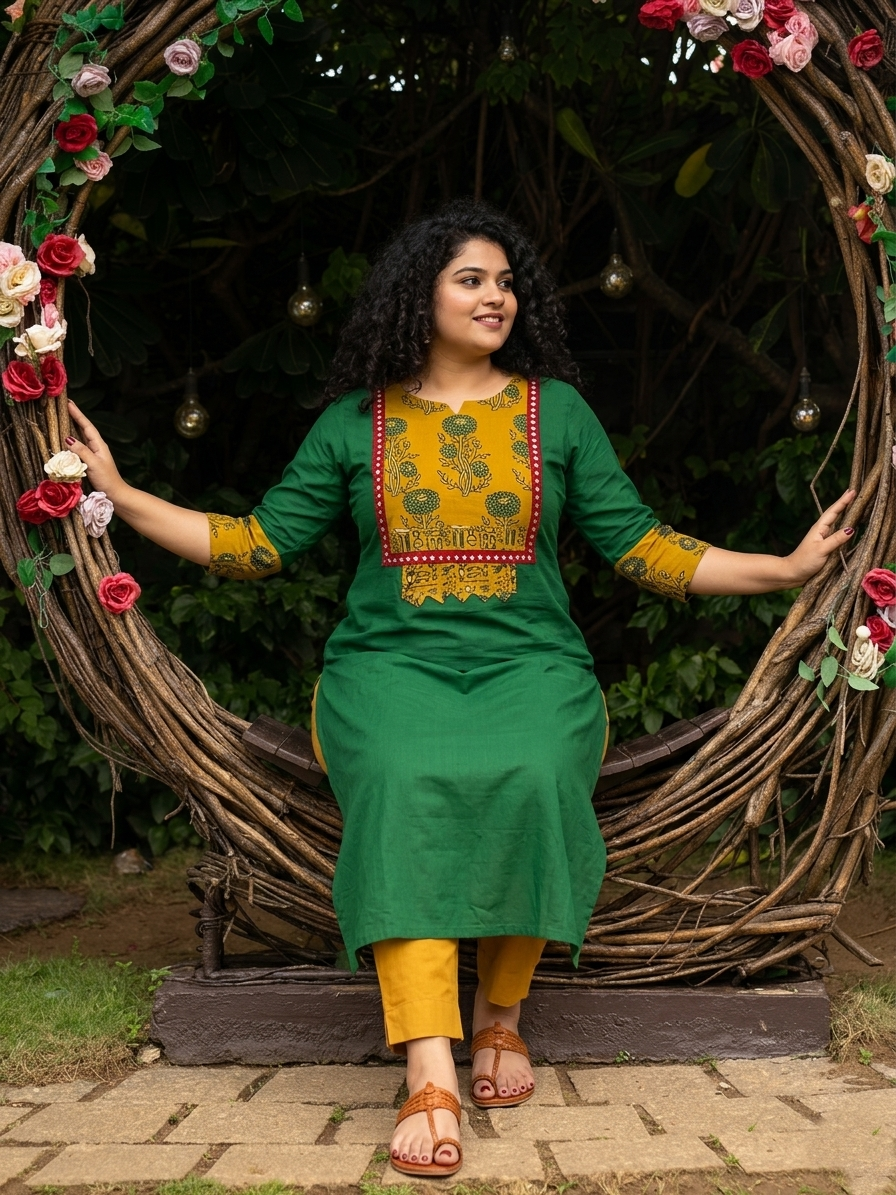 Handloom Cotton Kurta with Ajrakh Patches and Lace Detailing, Y Neck, ¾ th Sleeves with Pocket , KH1088