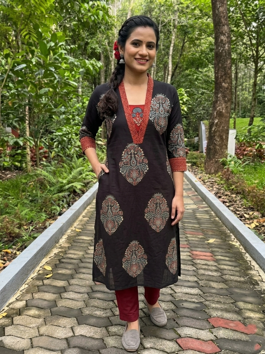Ajrakh Cotton V collar A Line kurta with 3/4 Sleeves and Pocket ,Black ,KA1044