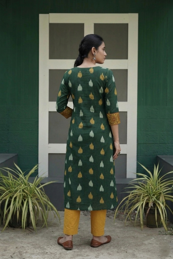 Ikat  Cotton  Sweetheart neck Kurta with Ajrakh Patches, Bottle Green, KI1015