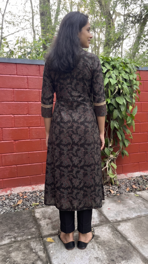 Ajrakh Cotton A Line Close neck Kurta with 3/4 Sleeves  & Lace details with Pocket , Black ,KA1047