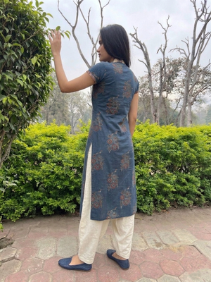 Ajrakh Cotton Straight Cut Kurti with Wooden Button and Collar Detailing, Mega Sleeves & Pockets, Blue, KA1064