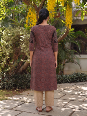 Ajrakh Cotton  Straight Cut  Kurta with Shirt Collar & Lace Details , Pocket , Brown, KA1063