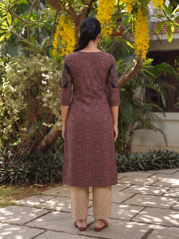Ajrakh Cotton  Straight Cut  Kurta with Shirt Collar & Lace Details , Pocket , Brown, KA1063