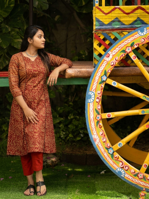Kalamkari Cotton Paneled kurta, Sweetheart neck with ¾  Sleeves with Pocket, Maroon ,KK1092