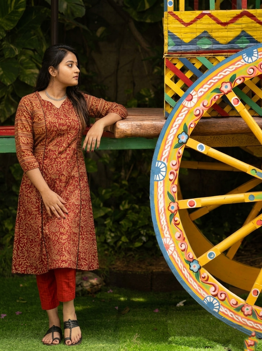 Kalamkari Cotton Paneled kurta, Sweetheart neck with ¾  Sleeves with Pocket, Maroon ,KK1092
