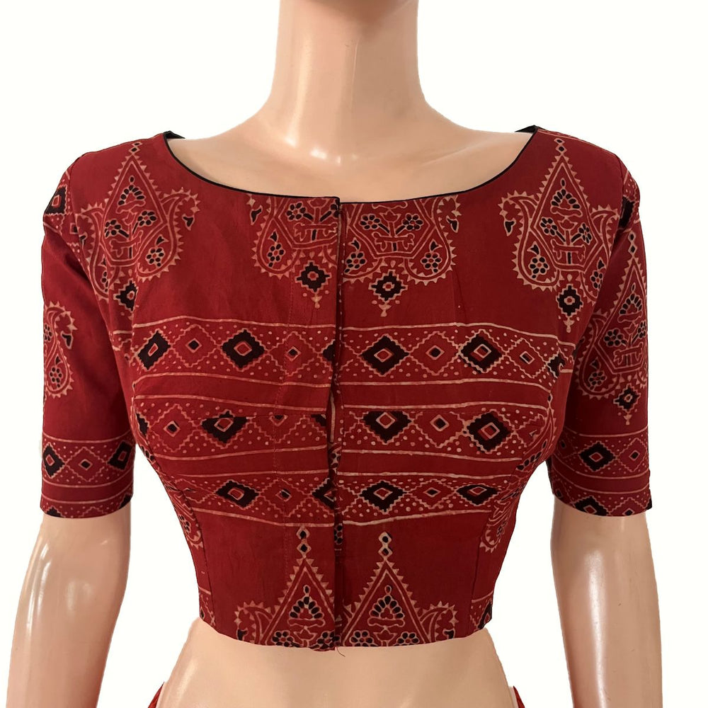 Ajrakh Cotton Boat Neck Blouse ,Maroon  , BA1188
