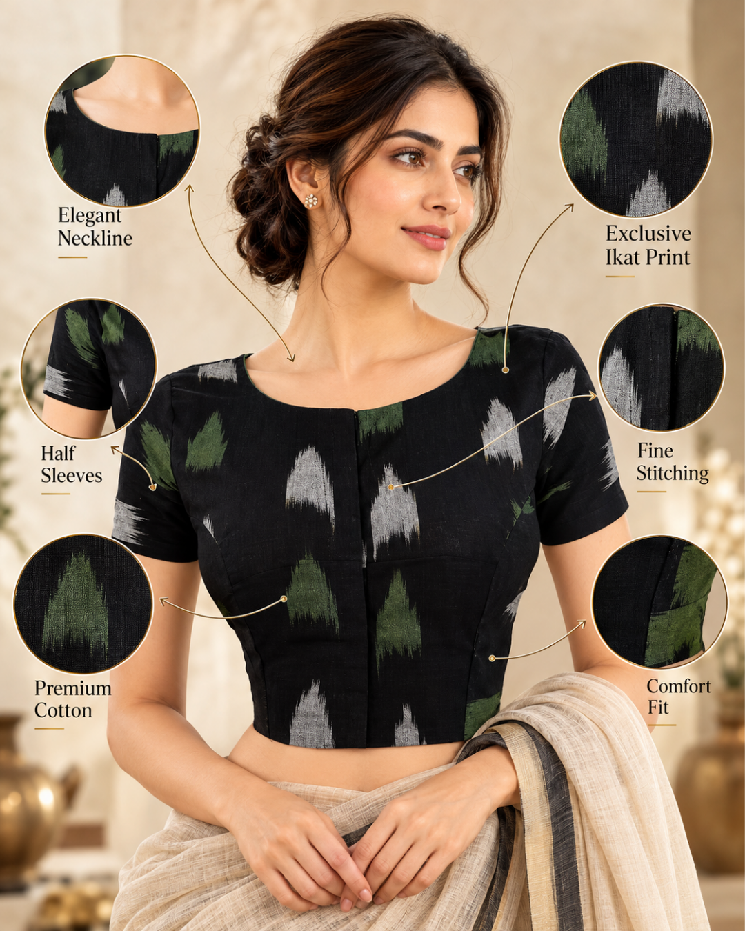 Ikat Cotton Boatneck Blouse With Potli Button Details,Black,BI1133
