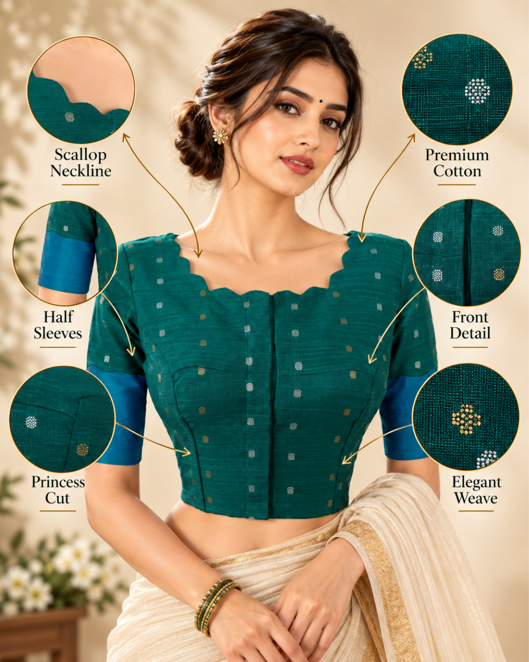 Semi Raw Silk Scallop -Boat Neck Blouse with Golden Butta & Lining, Teal Green, BS1204
