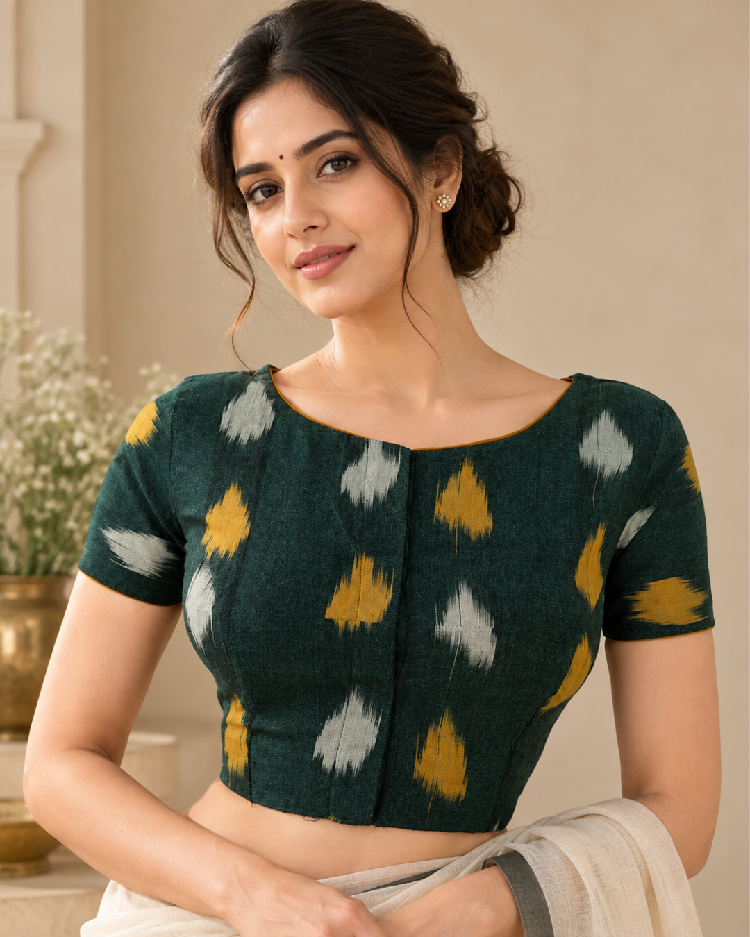 Ikat Cotton Boatneck Blouse with Potli Button Details, Bottle Green, BI1132