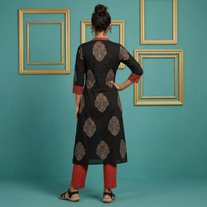 Ajrakh Cotton V collar A Line kurta with 3/4 Sleeves ,Black ,KA1044