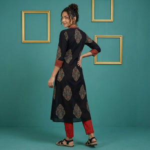 Ajrakh Cotton V collar A Line kurta with 3/4 Sleeves ,Black ,KA1044