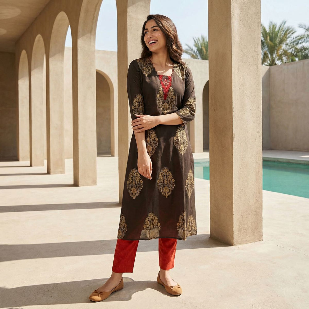 Ajrakh Cotton Scallop V neck A Line Kurta with 3/4 Sleeves, Mehandi green ,KA1045