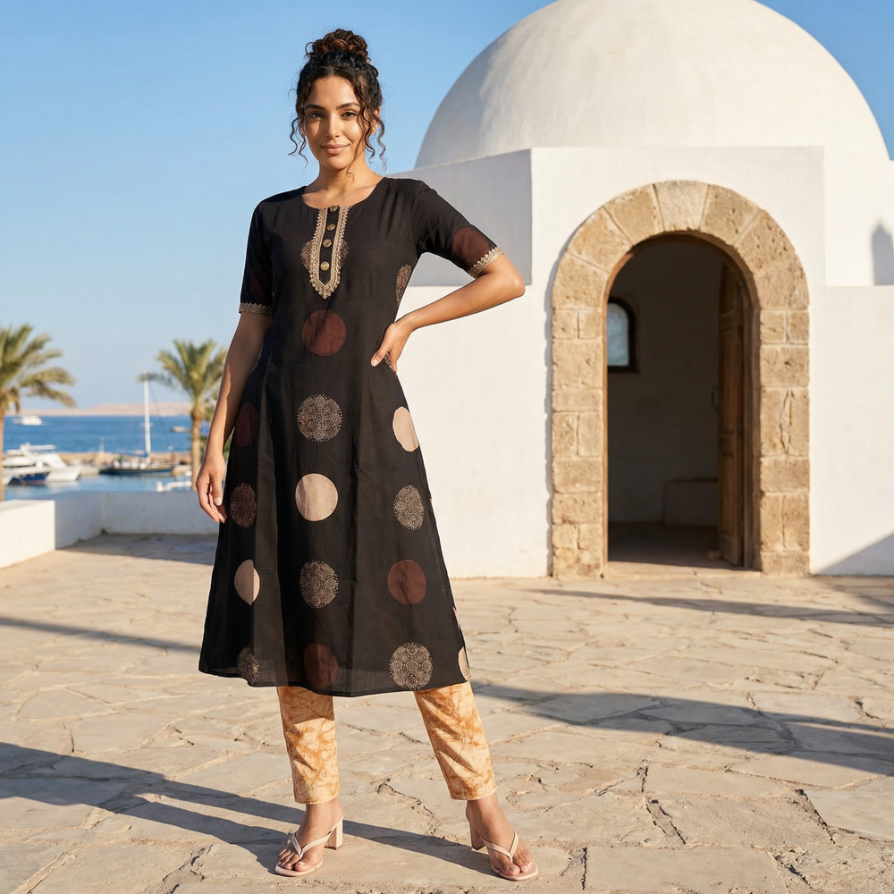 Ajrakh Cotton A Line Round Neck Kurta  with Half Sleeves, Lace and Button Details , Black ,KA1046