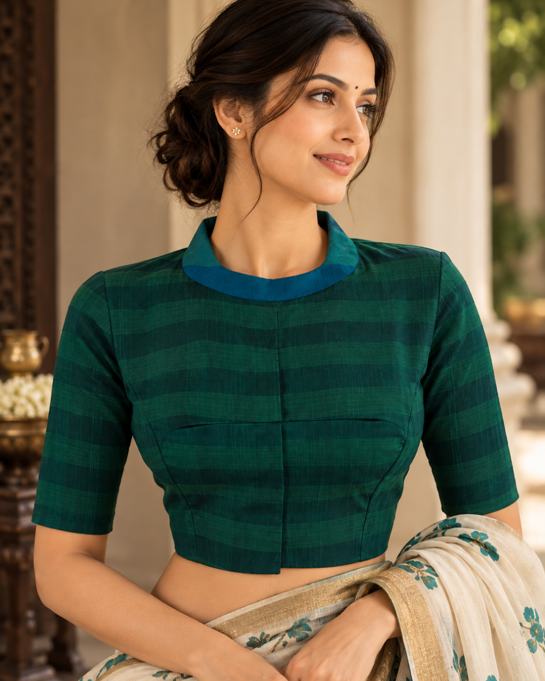 Semi Raw Silk Close Collar Back open Blouse with Lining , Teal Green, BS1200
