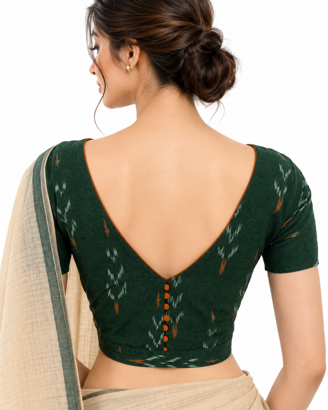 Ikat Cotton Boat Neck Blouse with V neck in Back, Short Sleeves & Potli Button Details , Bottle Green, BI1186
