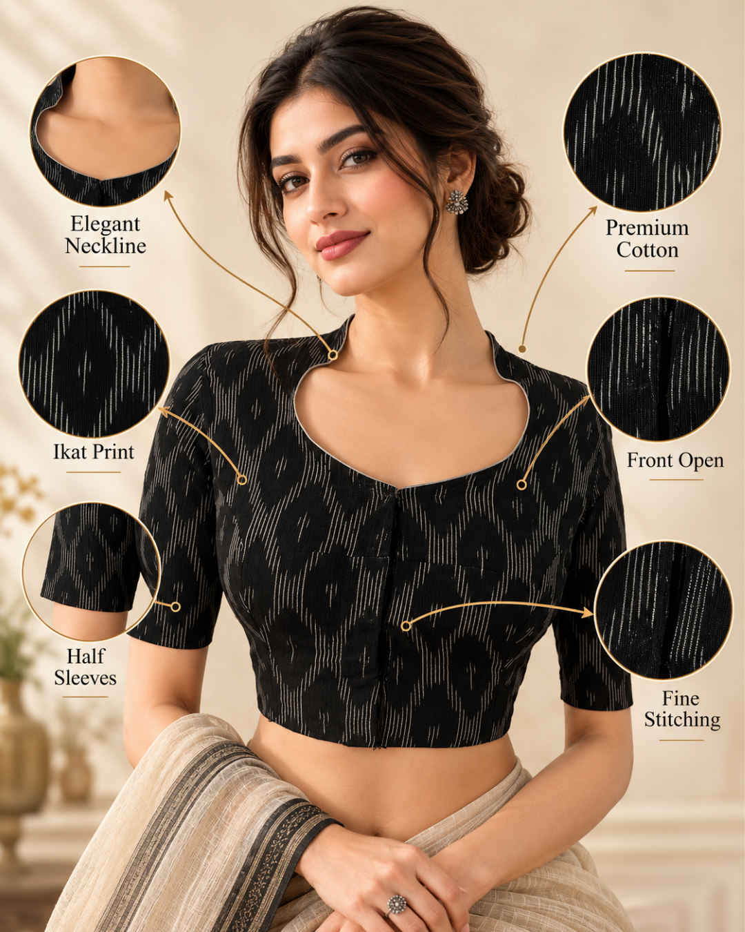 Ikat Cotton High neck Blouse, Black, BI1179