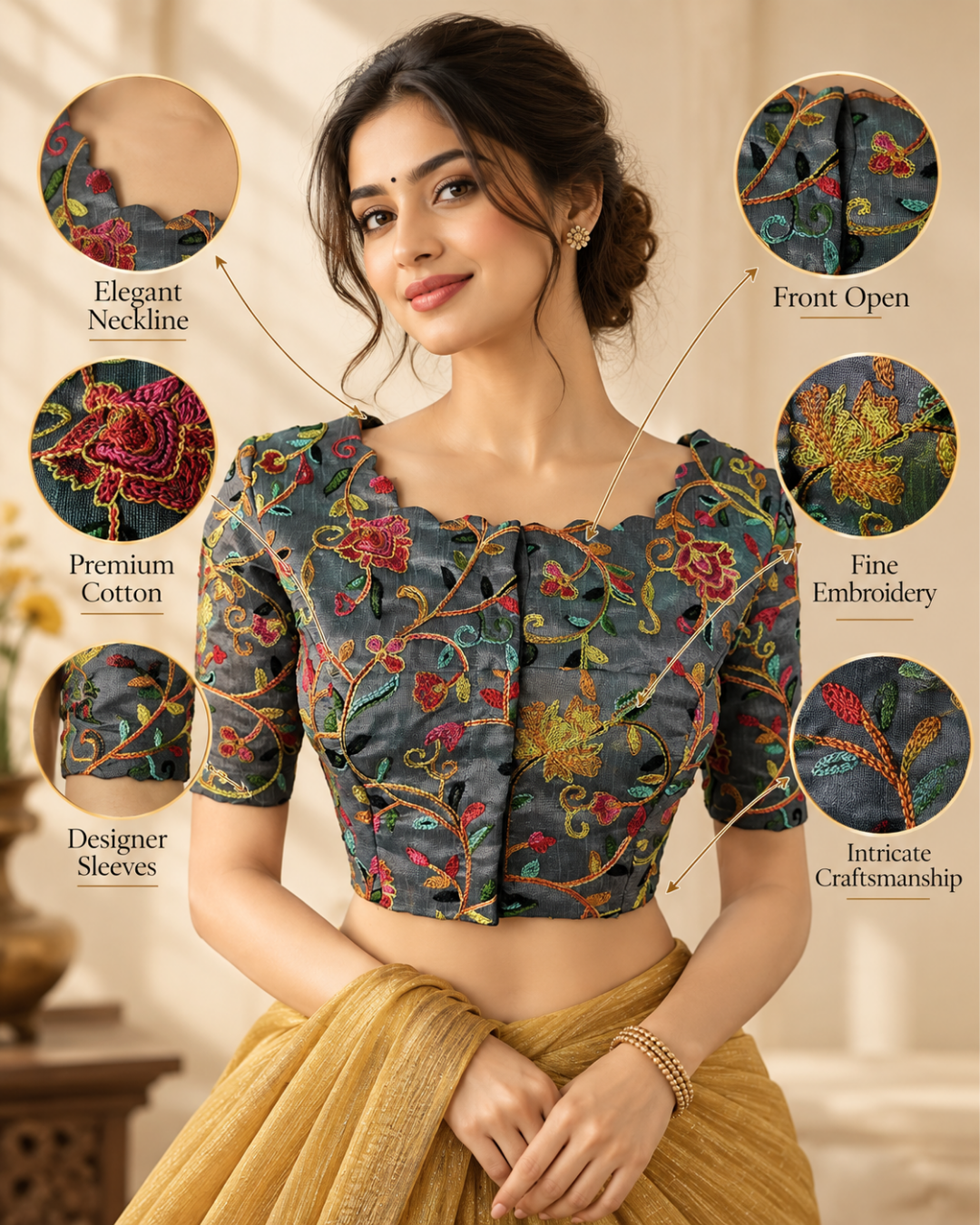 Embroidered Art Silk Scallop neck Blouse with Lining,  Grey, BS1165