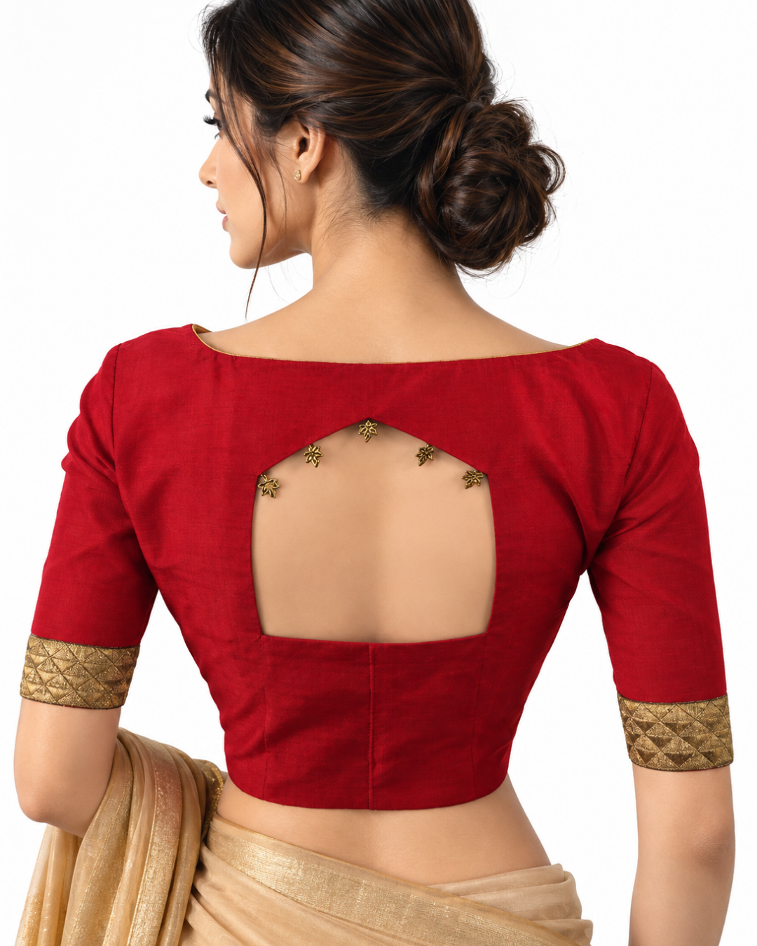 Semi Raw Silk Boatneck  Blouse with Zari Lace Border, Metal details & Lining,  Red,  BS1133