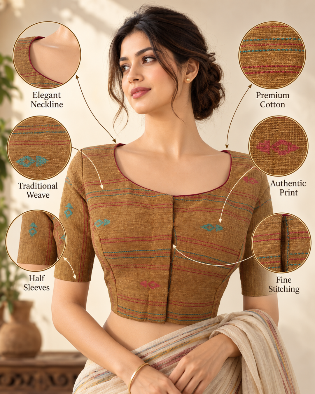 Handloom Jacquard Roundneck Blouse with Tear Drop Cut & Lining,  Mustard -  Yellow,  BH1229