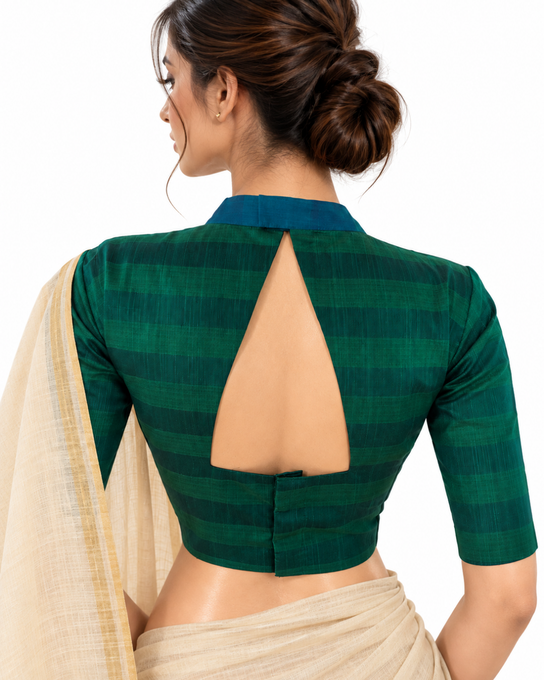 Semi Raw Silk Close Collar Back open Blouse with Lining , Teal Green, BS1200