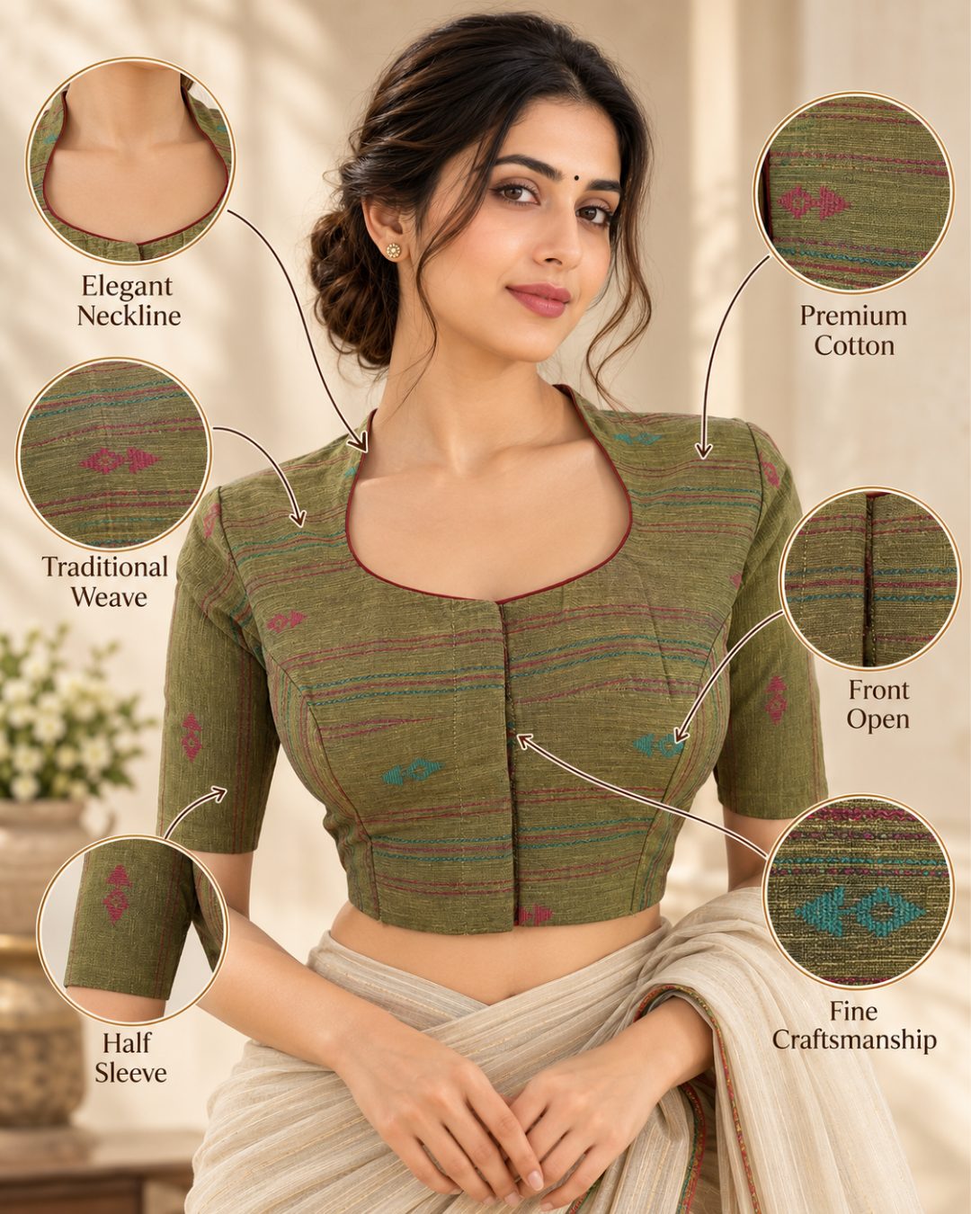 Handloom Jacquard Highneck Blouse with Lining,  Olive Green,  BH1227