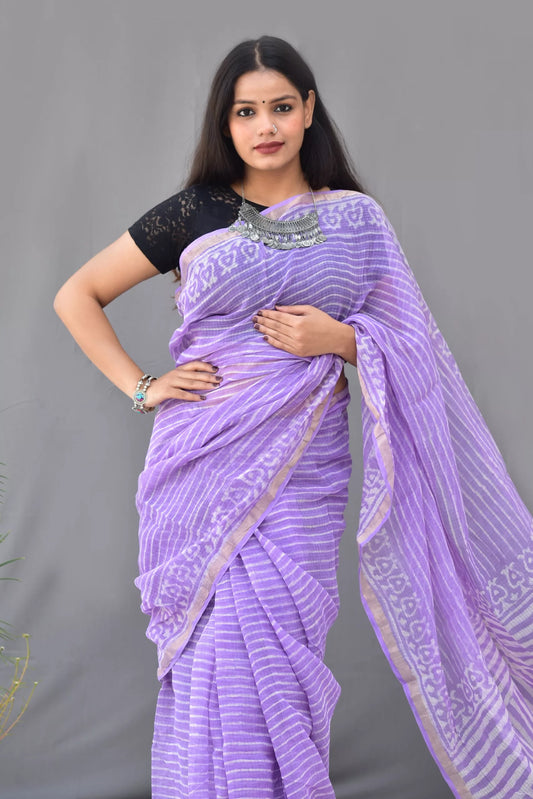 Pure Cotton Kota Doria Block Printed Saree with Zari Border,  Lavender, SR1031