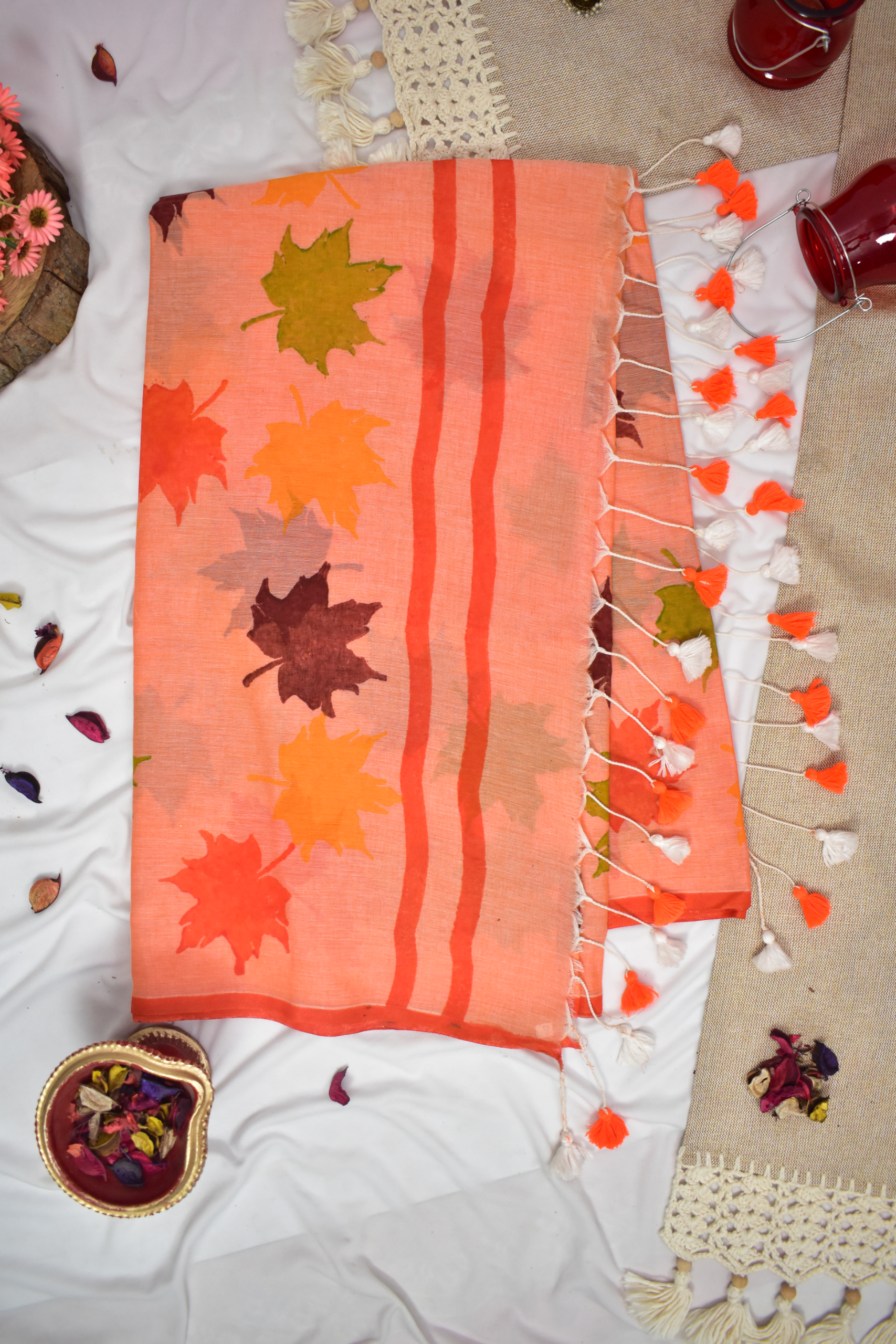 Handloom Soft Cotton Saree with Block Prints & Tassles, Peach, SR1002