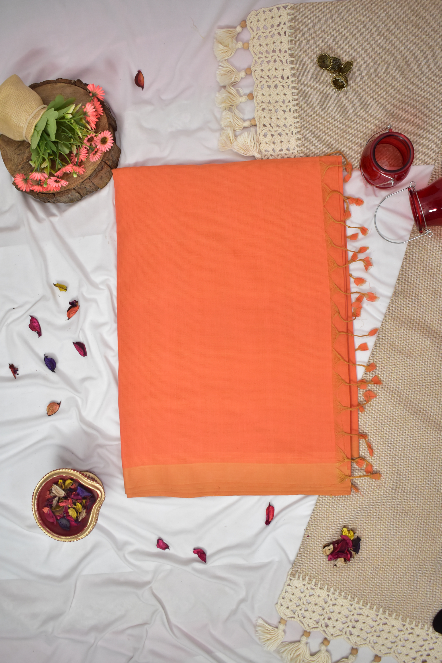 Pure Handloom Mangalgiri  Plain Cotton Saree with Tassles,  Orange,  SR1040
