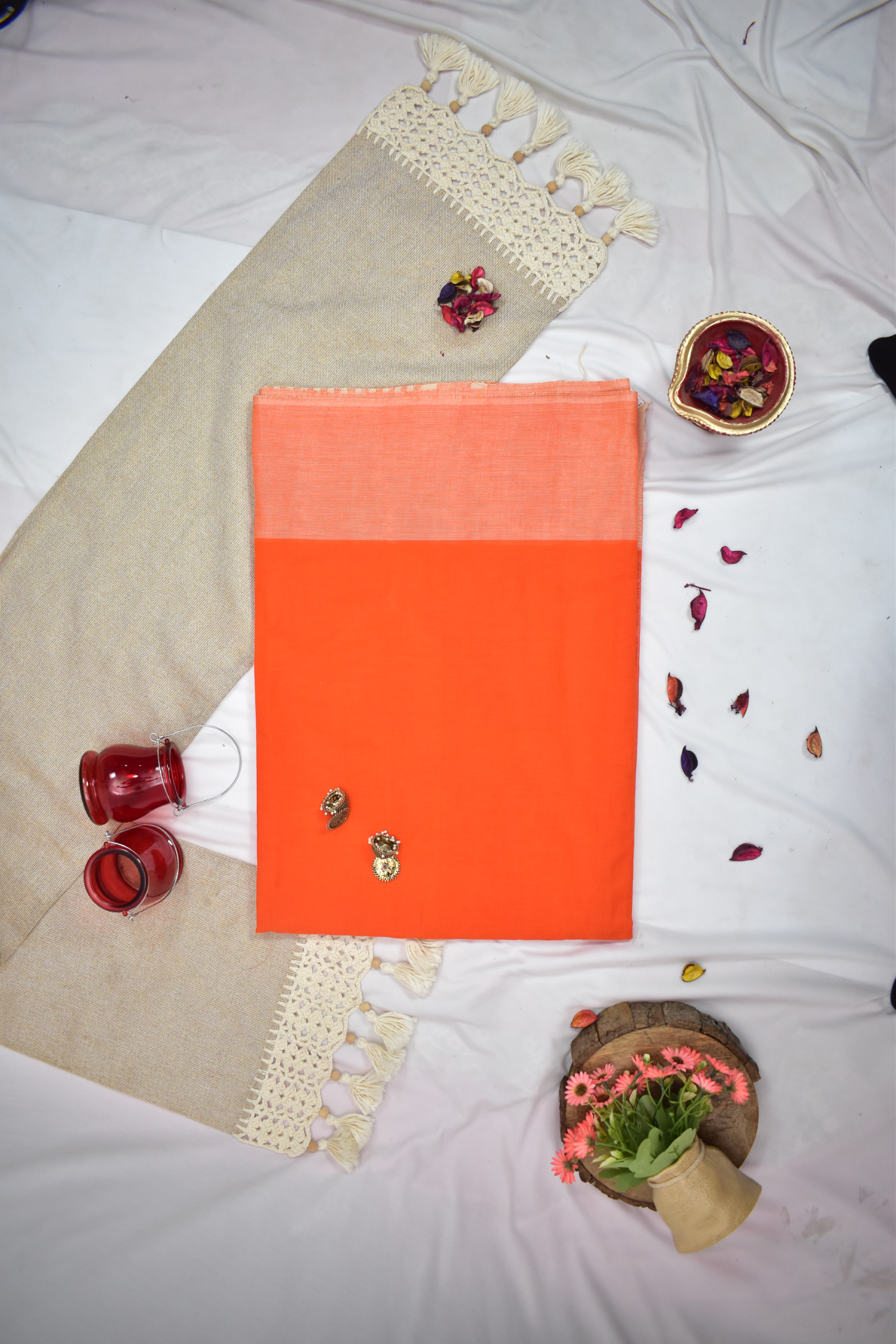 Pure Handloom Mangalgiri Cotton Saree with Contrast Border,  Orange,  SR1041