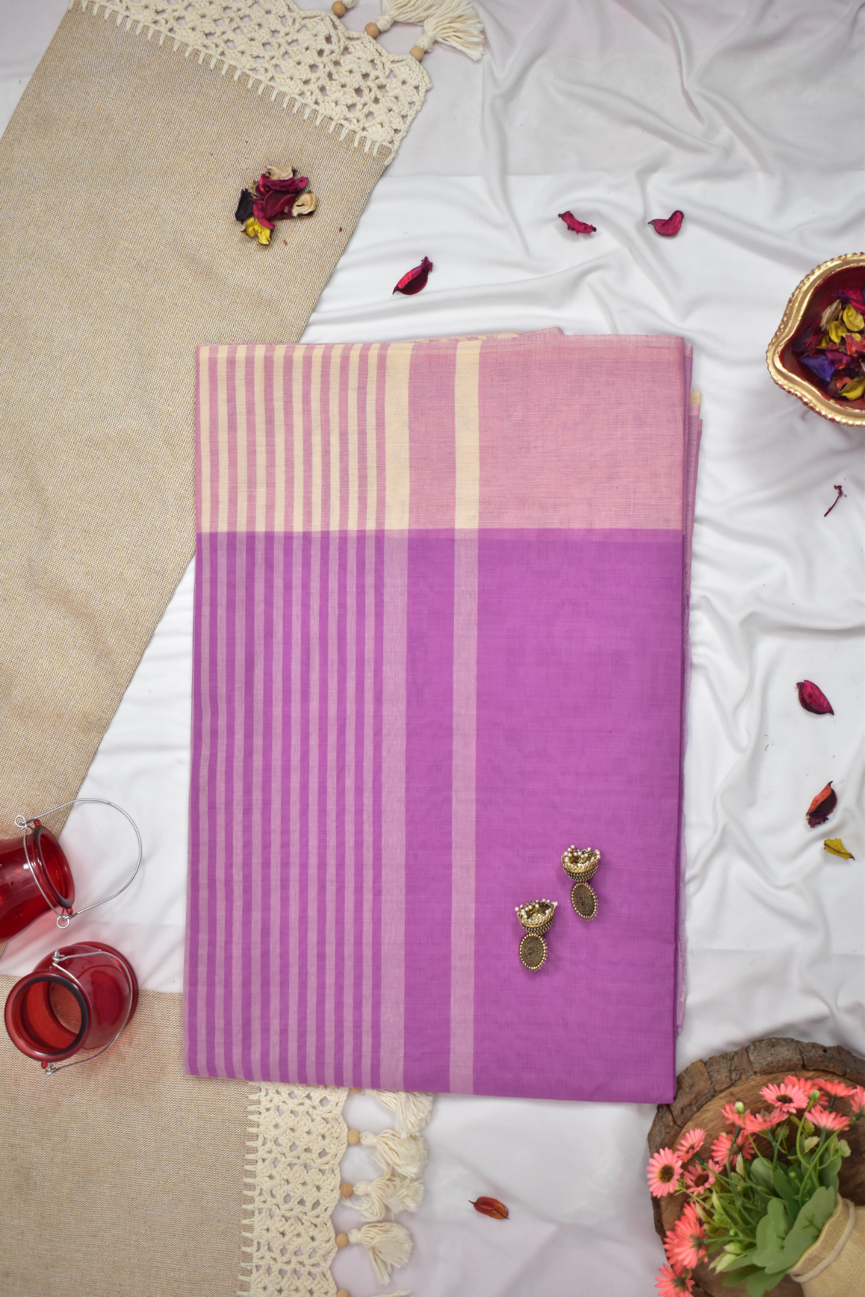 Pure Handloom Mangalgiri Cotton Saree with Contrast Border,  Lavendar,  SR1038