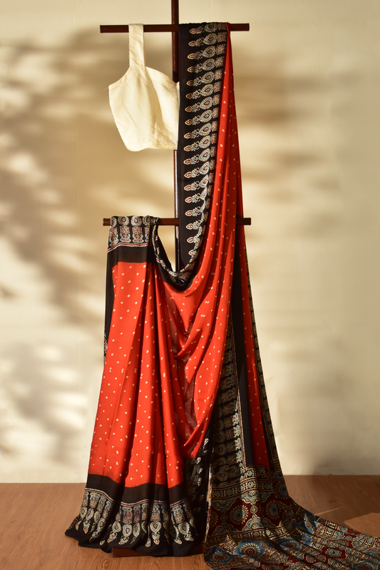 Sunset Orange & Ebony Black Modal Silk Bandhani - Ajrakh Saree with Blouse Piece, SS1002