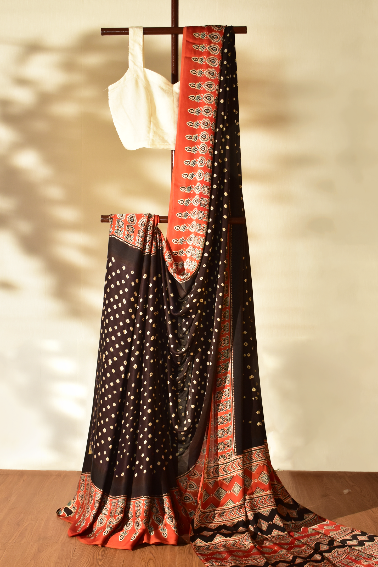 Scarlet Red & Ebony Black Modal Silk Bandhani - Ajrakh Saree with Blouse Piece, SS1005