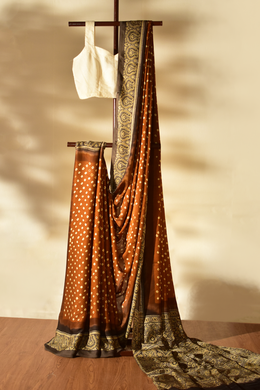 Amber Yellow & Dusky Grey Modal Silk Bandhani - Ajrakh Saree with Blouse Piece, SS1021