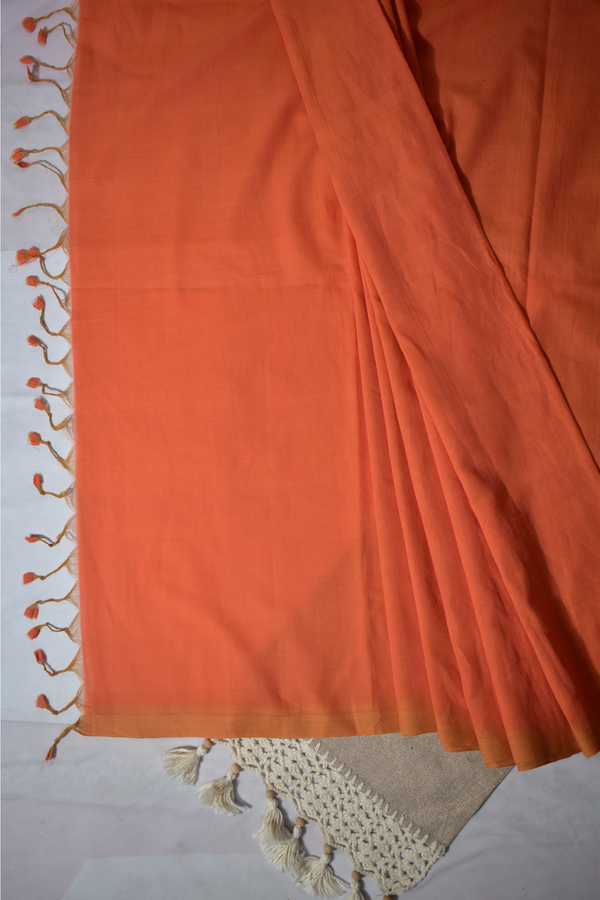 Pure Handloom Mangalgiri  Plain Cotton Saree with Tassles,  Orange,  SR1040