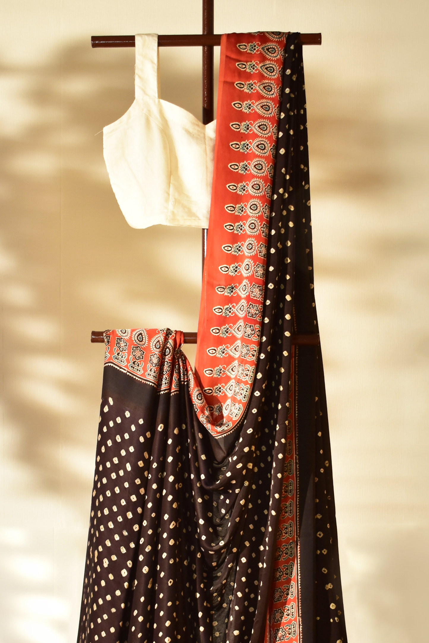 Scarlet Red & Ebony Black Modal Silk Bandhani - Ajrakh Saree with Blouse Piece, SS1005